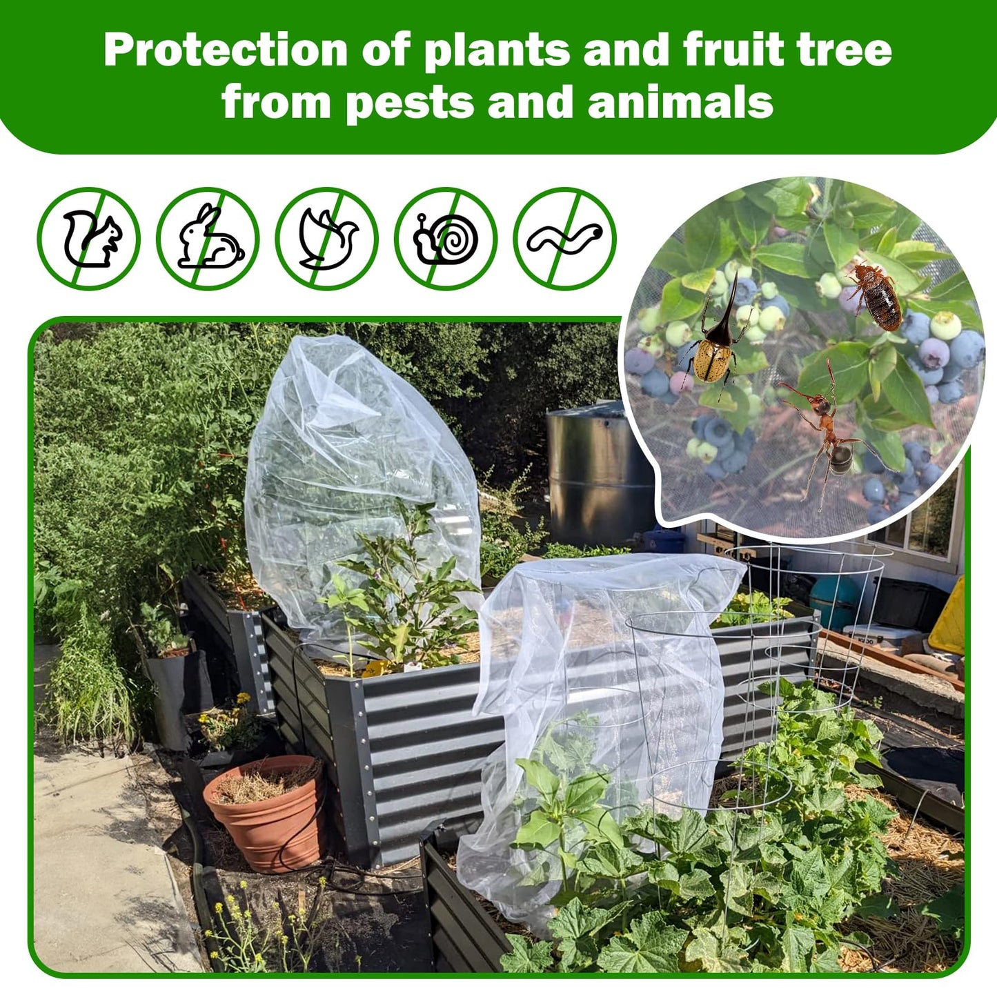 2 PCS Large Fruits Tree Netting Cover for Garden 10 x 10 ft Garden Insect Bird Barrier Plant Netting for Tomato Blueberry Bush Netting Covers Deer Cicada Netting Cover Bag with Drawstring