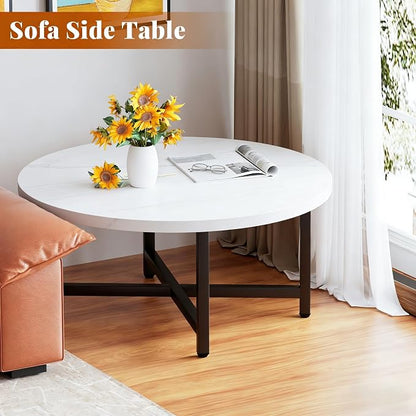 Coffee Table, 31.5" Large Coffee Tables, White Round Coffee Tables for Living Room, Floor Table for Sitting on The Floor, Center Coffee Table with Metal Frame for Office Apartment Home