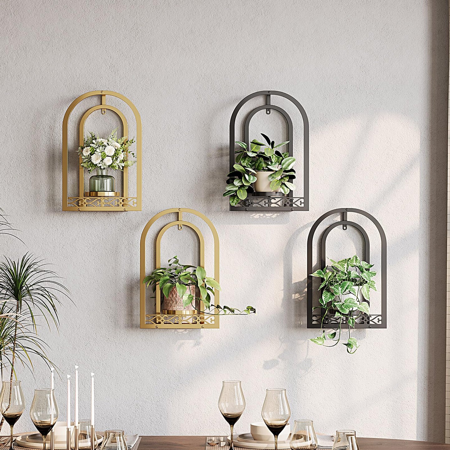 Rioneta Hanging Planter for Indoor & Outdoor Plants, Mid Century Modern Iron Frame Wall Decor for Living Room Garden Patio 3 Pack Gold（No Light）
