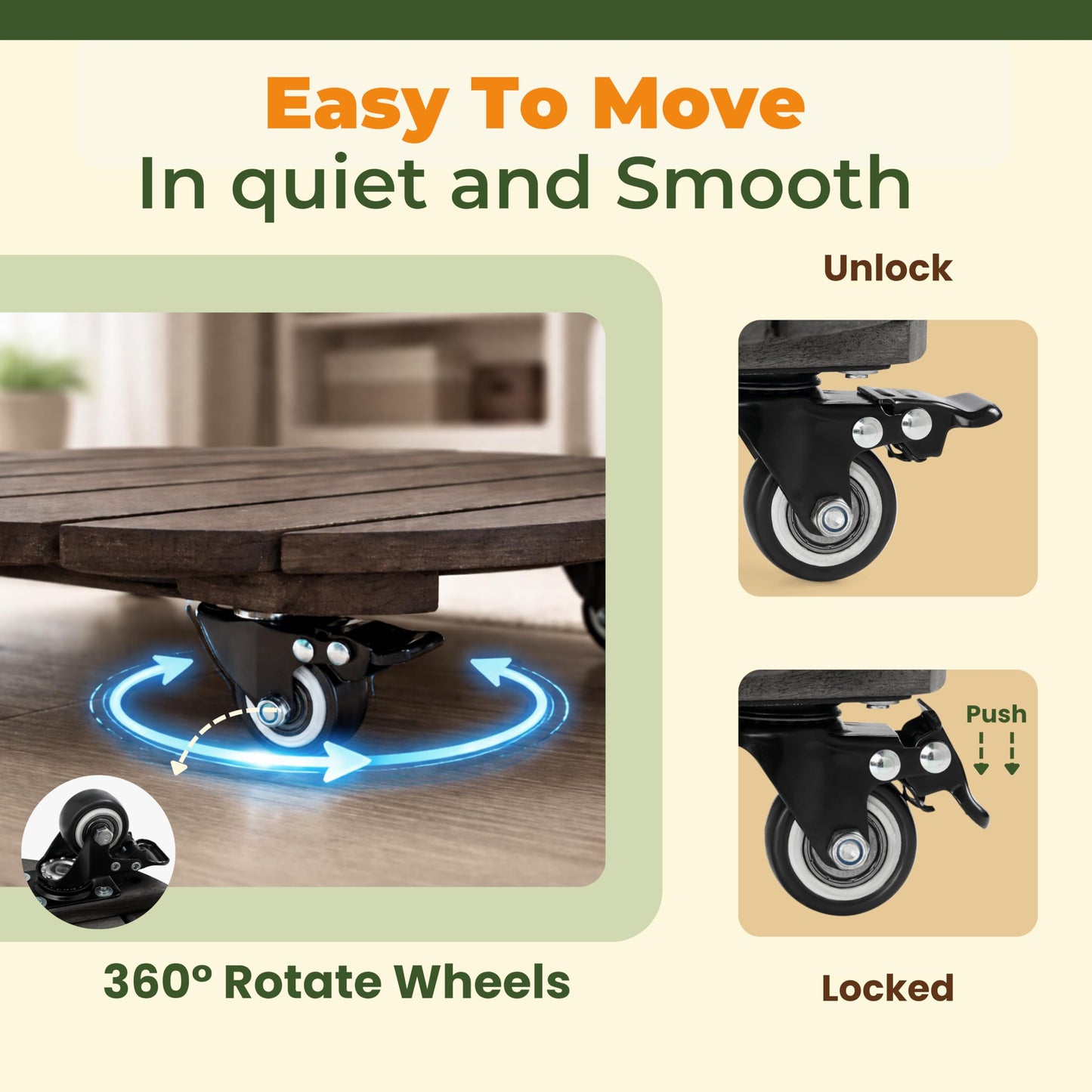 Jurax 14 Inch Wood Plant Caddy with Wheels – Heavy Duty Plant Dolly Holds Up to 286 lbs, 360° Lockable Casters, Rolling Plant Stand Indoor Outdoor for Large Pots – 2 Packs, Round-Rustic