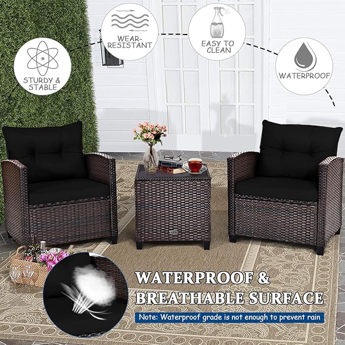 COSTWAY 3PCS Patio Furniture Set, PE Rattan Wicker Sofa w/Washable Cushion and