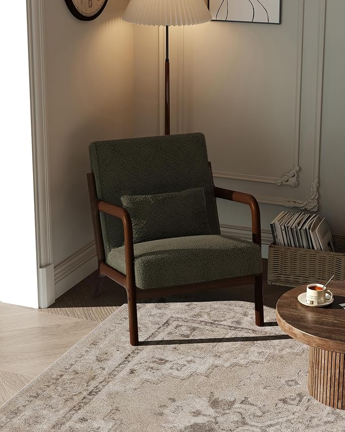 Garvee Mid-Century Modern Accent Chair, Sherpa Upholstery, Solid Wood Armchair