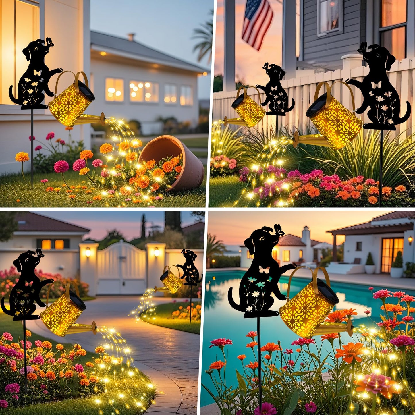 ZFNN Solar Garden Decor Lights, Outdoor Waterproof Solar Watering Can with Cascading Lights, Metal Dog Silhouette Stake Yard Art for Outside Lawn Patio, Unique Gardening Gifts for Women Mom