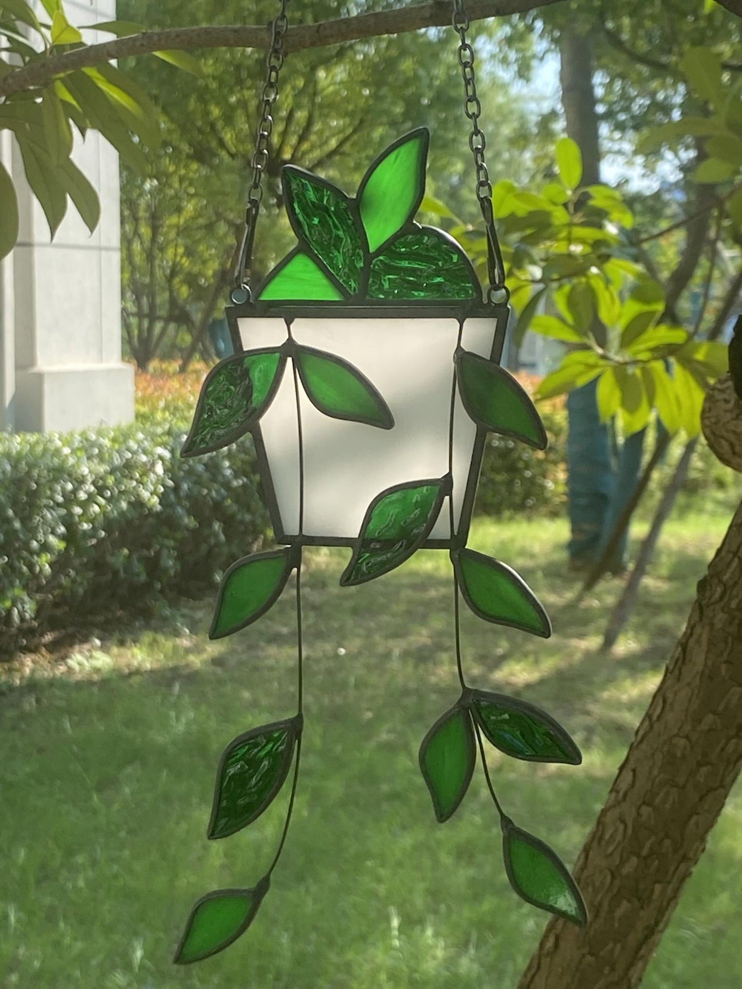Green Plant Decor Stained Glass Window Hanging,Handcrafted Faux Plant Stained Glass Suncatcher for Window Hanging,Birthday Mother's Day for Women,Plant Lovers