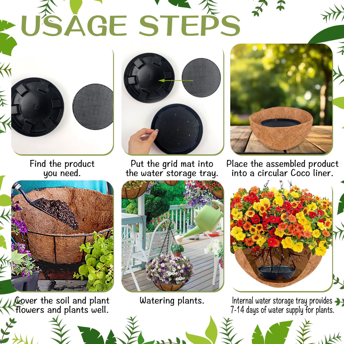 7.16” Self Watering Planter Insert, 10 Pack Invisible Hanging Basket Drip Pan Hanging Basket Planter Plant Auto Watering Devices Plastic Water Catcher Saucer Tray for Outdoor Indoor Pots Liners