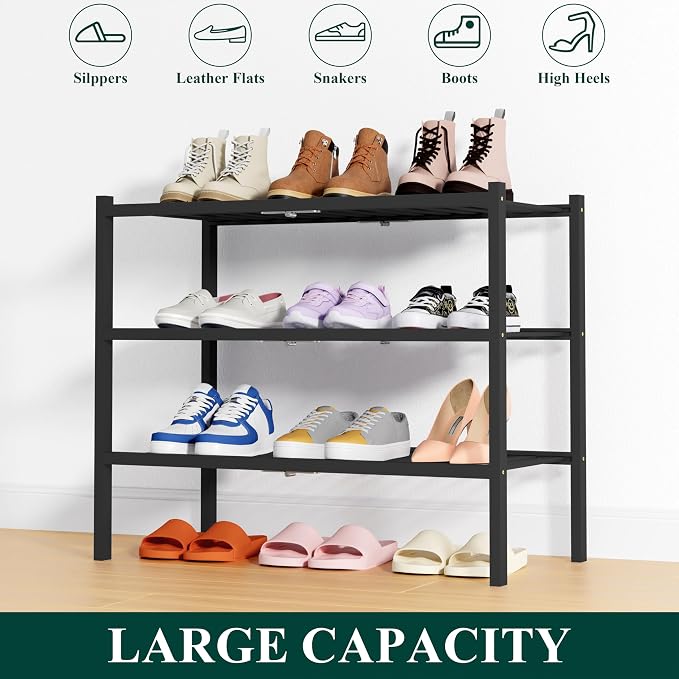 Smiry Bamboo Shoe Rack, 3 Tier Free Standing Wooden Shoe Organizer, Stackable Wood Shoe Storage Shelf for Closet, Entryway, 14 Vertical Slats, 2+1 Stack Heavy-Duty Legs, 26.8"x11"x19.5", Black