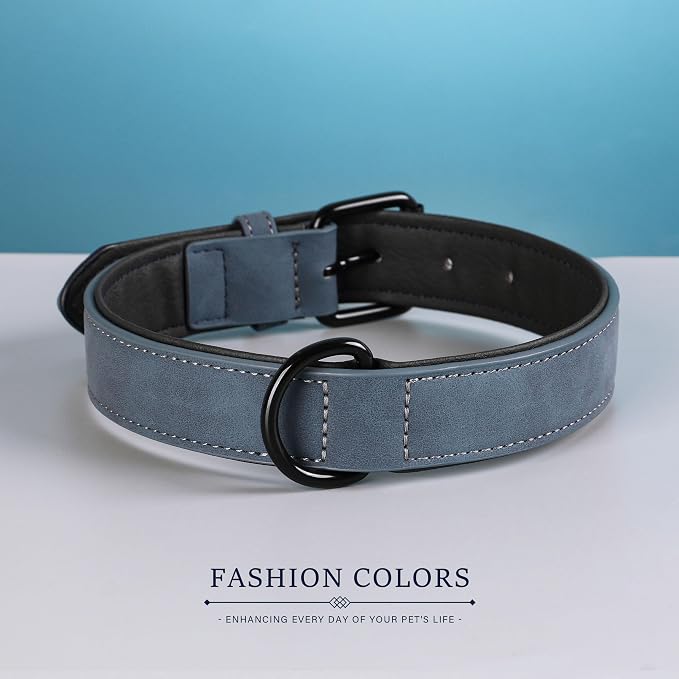 Didog Soft Padded PU Leather Dog Collar, Breathable and Adjustable Dog Collar for Large Dogs, Comfortable for Daily Walk, Blue, XL Fit Neck 18-22"(45-71 lbs)