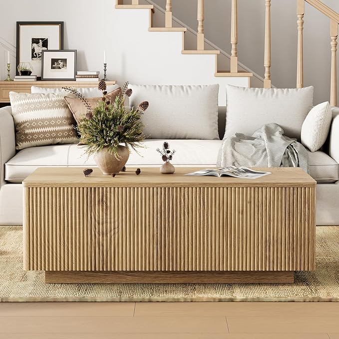 FABATO Mid Century Modern Coffee Table, Wooden Fluted Center Table
