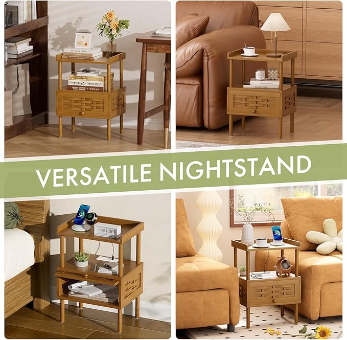 Amazer Walnut Nightstand with Charging Station, Bamboo Night Stand
