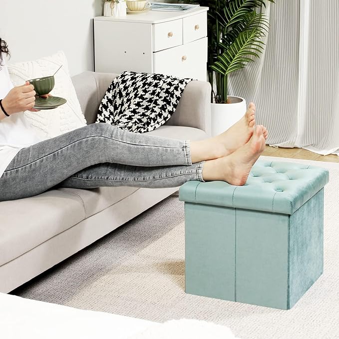 B FSOBEIIALEO Storage Ottoman Cube Velvet Tufted Folding Ottomans Footstool