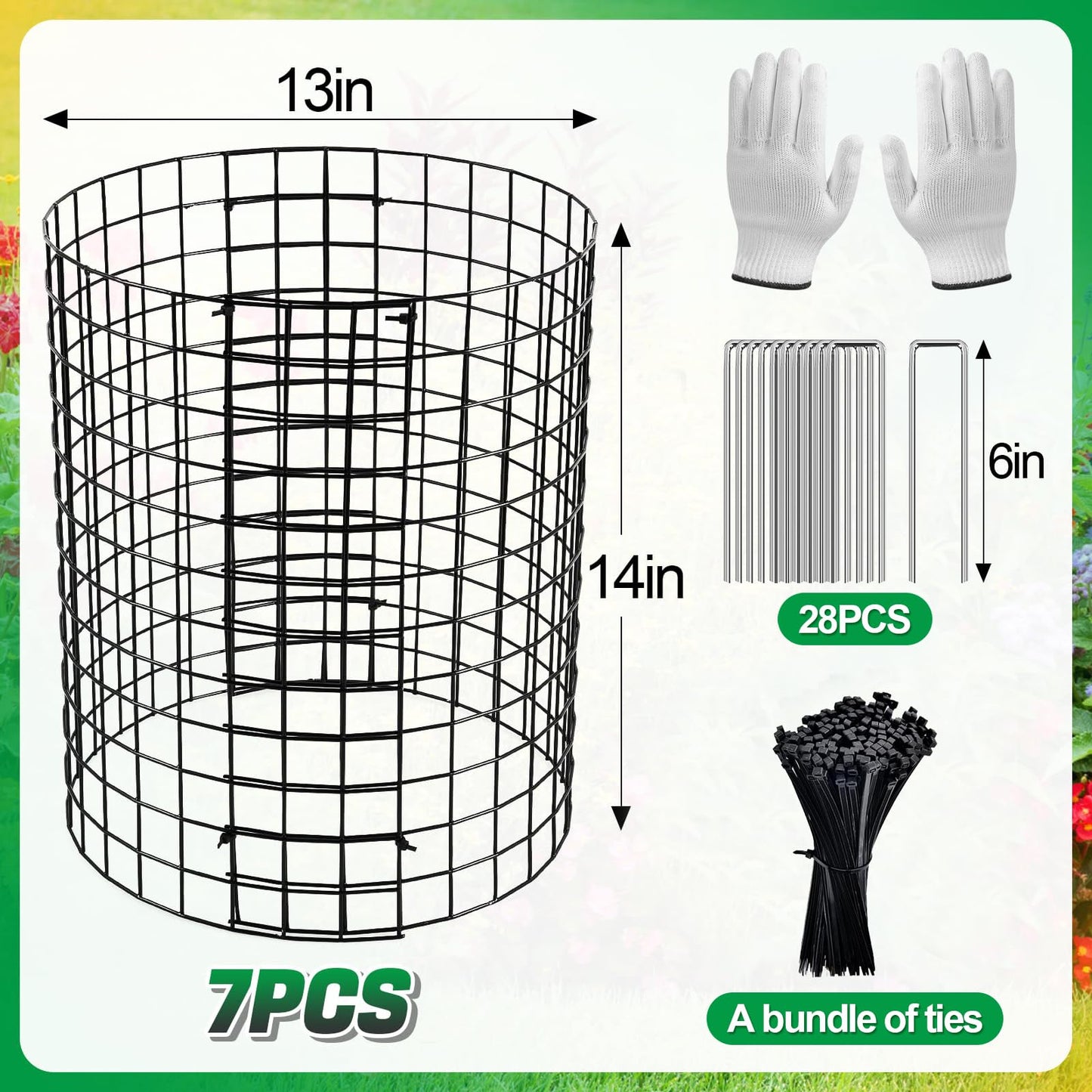 12-gauge Wire Pre-Bent Quick Setup Plant Protectors from Animals -14''H *13''Dia Chicken Wire Plant Cages to Keep Rabbits Deers Squirrels Out, Garden Bunny Barricades with Zip Ties Stakes, 7Pack
