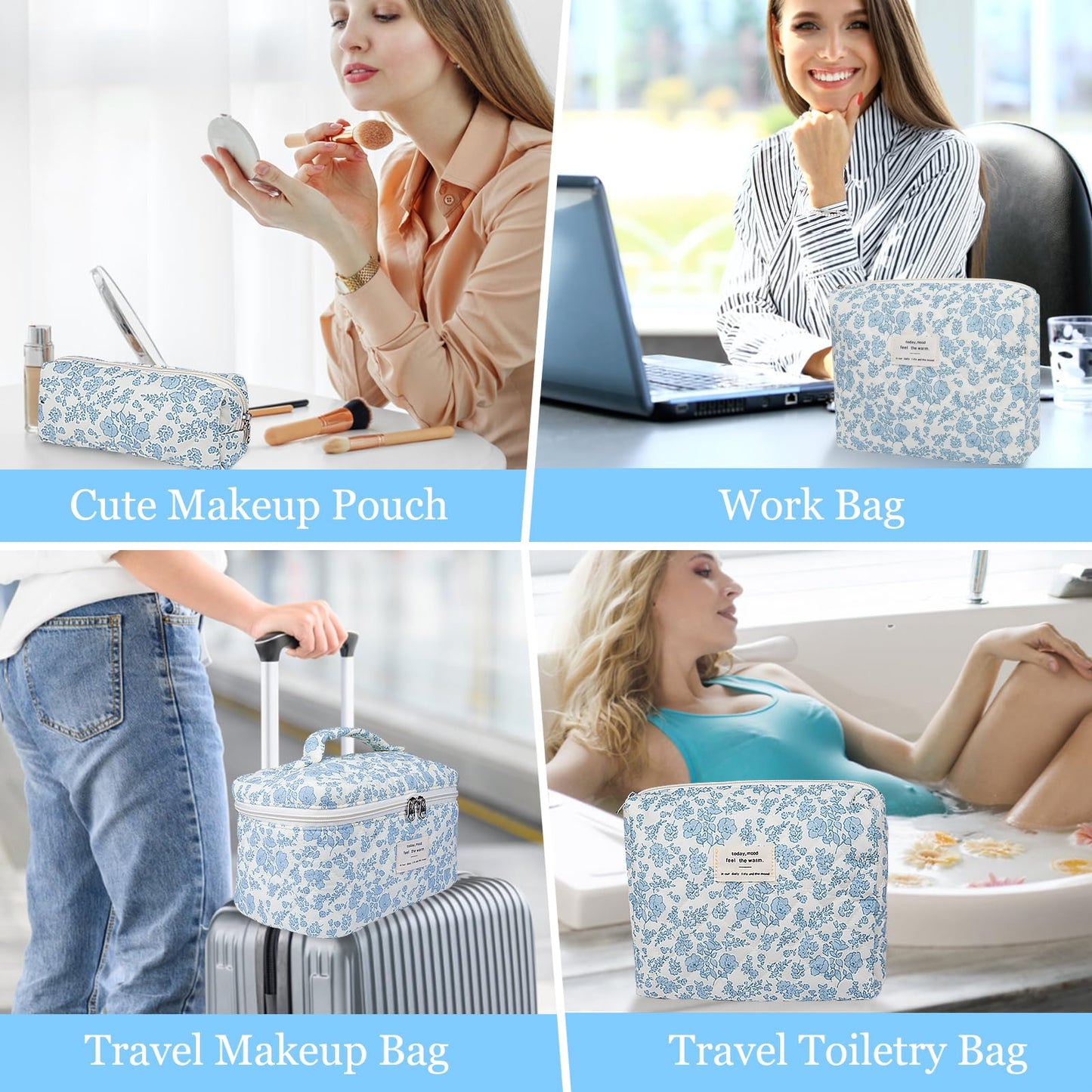 Makeup Bag, Large Quilted Cosmetic Bag, Big Floral Make Up Bag for Women Girls, Cute Cotton Makeup Bag Set, Flower Travel Toiletry Organizer Bag
