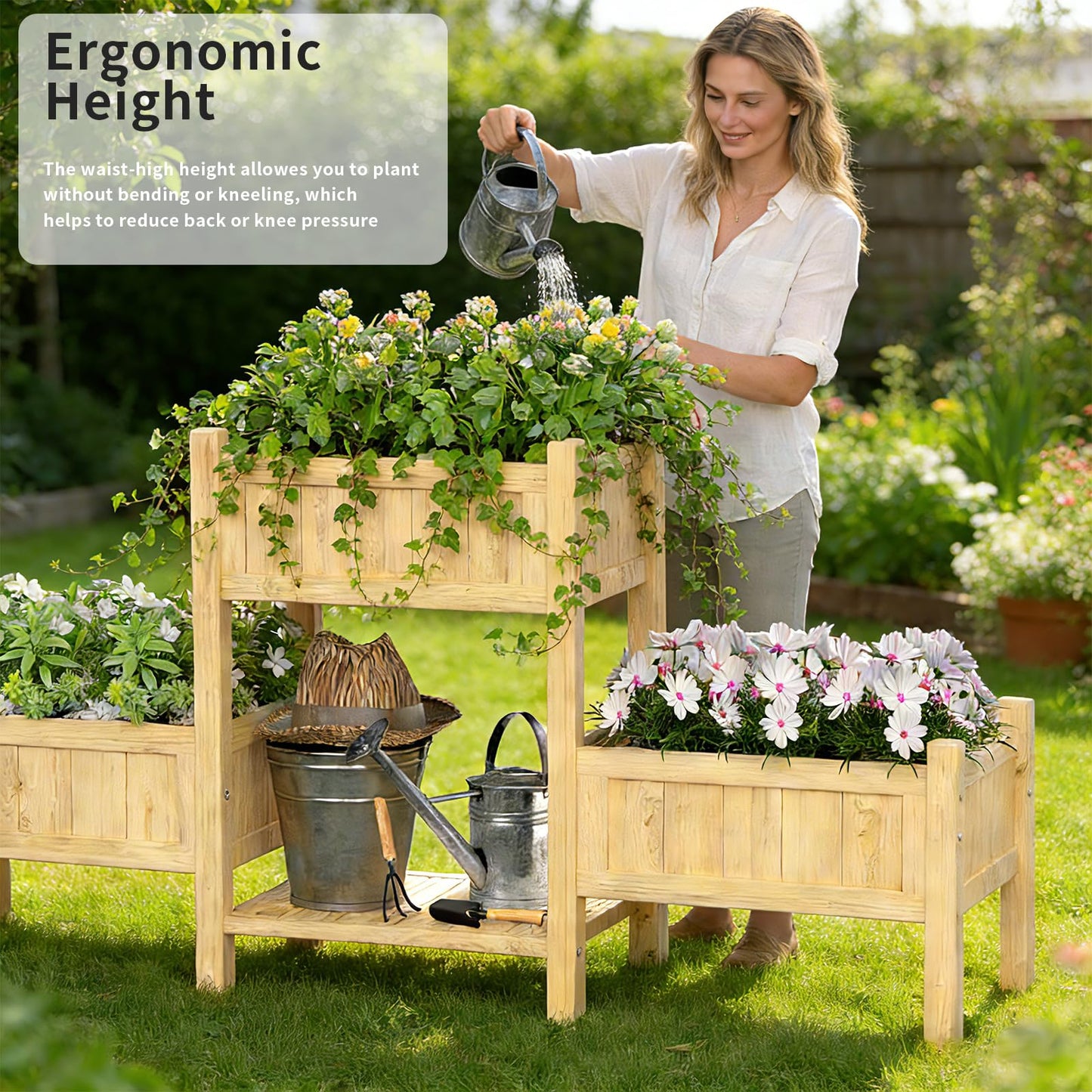 Mashomdec Extra Large Wooden Raised Garden Bed with Legs & Storage Shelf 3 Tier Outdoor Elevated Planter Box for Patios/Herbs/Flowers/Vegetables, Easy Assembly, Natural