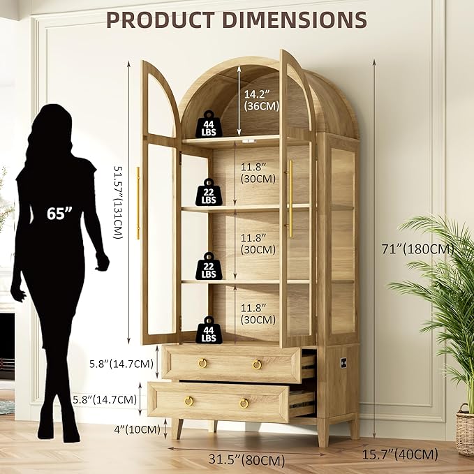 Arched Curio Cabinet with Glass Doors, 4-Tier Display Cabinet with 2 Drawers