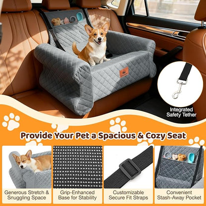 Dog Car Seat for Medium/Large Dogs up to 60 lbs, Pet Car Seat for Back, Memory Foam Dog Booster Seat with Thick Cushion, Detachable Washable Cover, Storage Pockets for SUV, Pick Up, Trunk, Grey