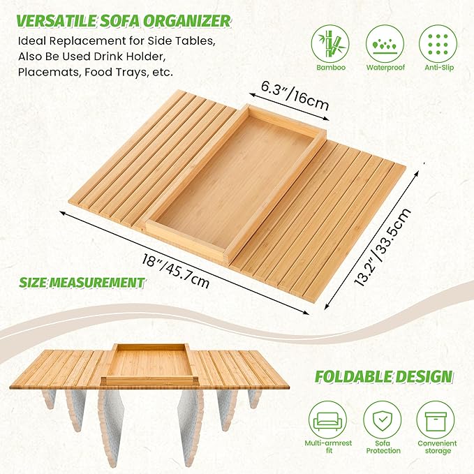 GEHE Bamboo Sofa Arm Tray, Foldable Couch Arm Tray Side Table, Anti-Falling