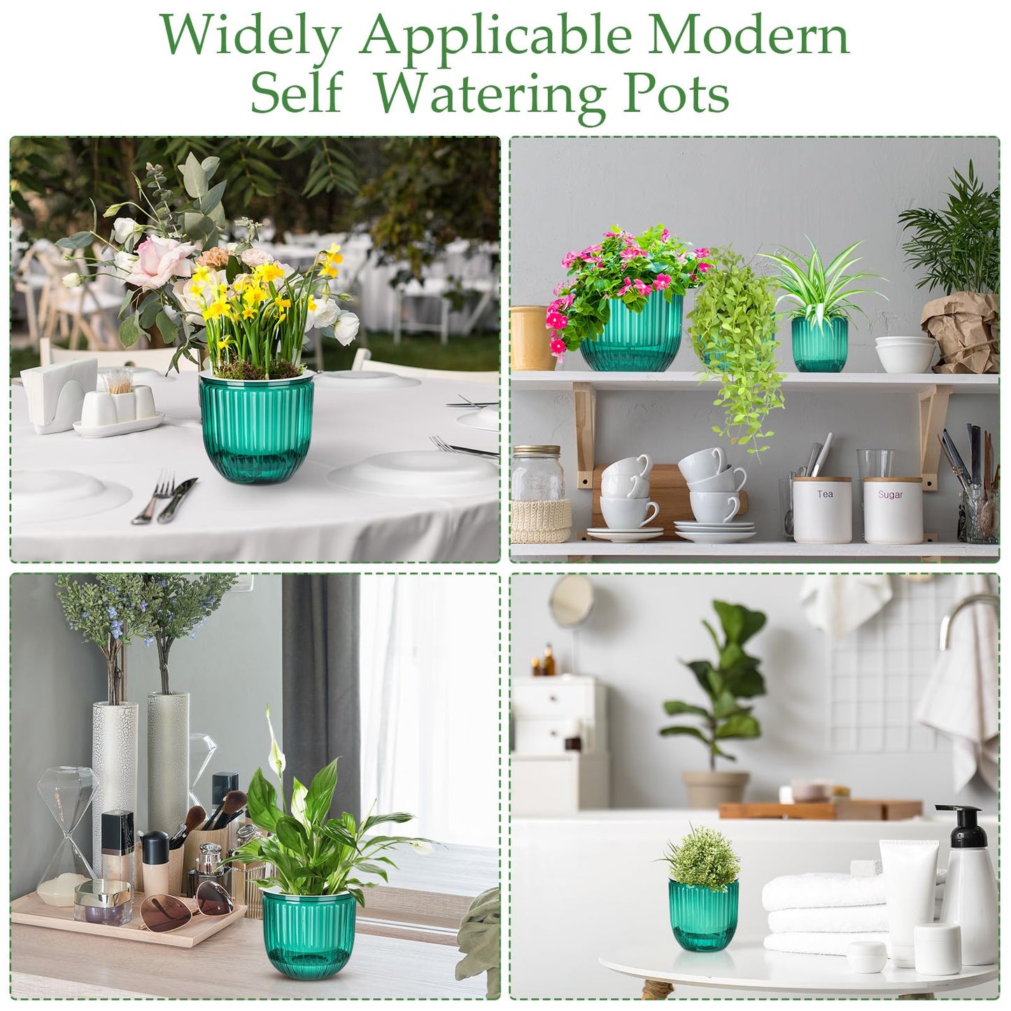Romooa 3 Pcs Self Watering Pots for Indoor Plants Planters with Drainage Holes 8.3" 6.5" 4.5" Flower Pots Durable Plastic with Wick Rope and Reservoir Emerald Green Clear for Herbs African Violet
