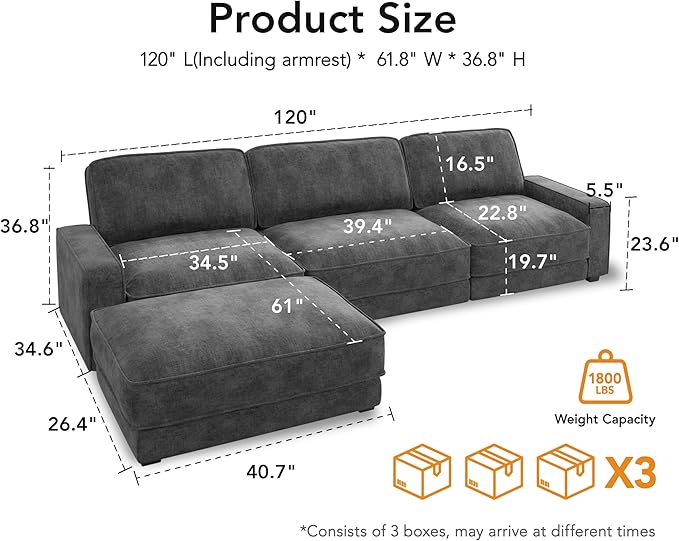 Vipbear 120" Oversized Modular Sectional Sofa, L Shaped Couch Set