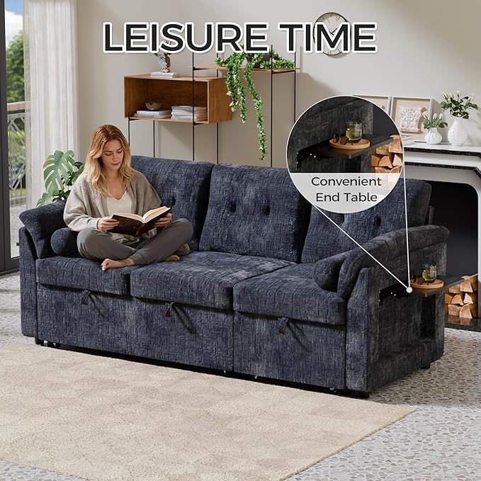 Convertible Sleeper Sofa Bed, 63 Inch Chenille Pull Out Couch