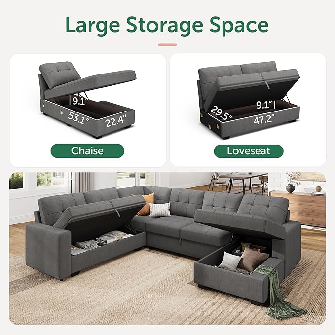 HONBAY Sleeper Sofa Bed with Storage Chaise, Sectional Couch with Pull Out Bed