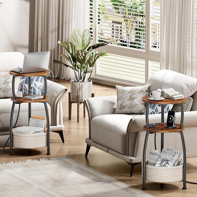 Side Table with Charging Station, Small Round End Table with Basket, USB Port