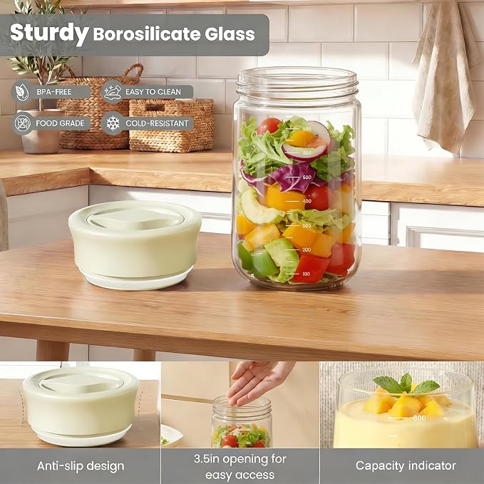 LAKUMIQI Overnight Oats Containers with Lids, 27oz Glass Jars with Airtight Lids, One-Hand 90° Twist-Off Wide Mouth Food Storage for Coffee Bean, Chia Pudding, Meal Prep, Pantry, Yellow