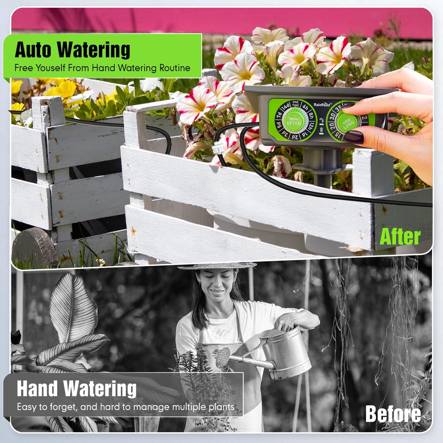 RAINPOINT Easy-Setup Solar Drip Irrigation System Outdoor & Indoor, Automatic Plant Waterer Device Kit Beginner-Friendly Garden Raised Bed Grow Tent Water 10-15 Plants