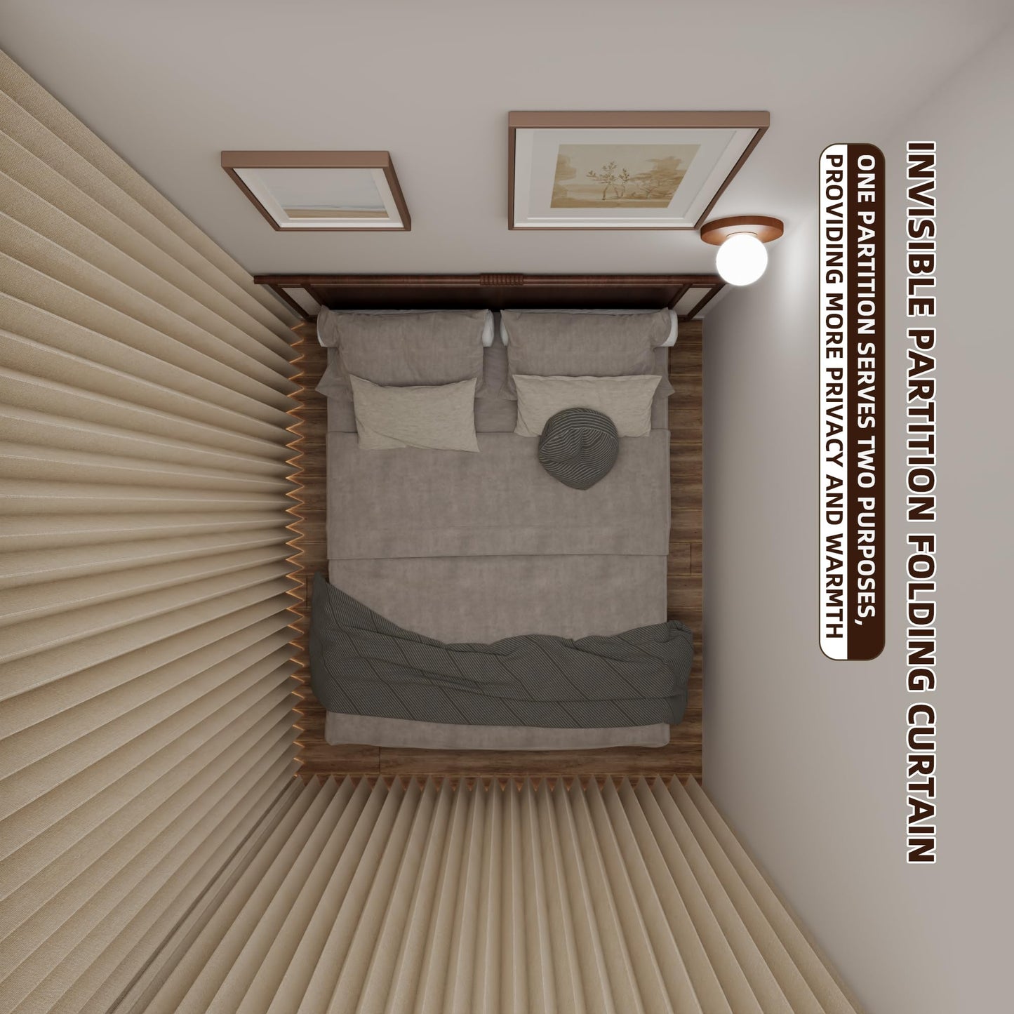 Folding Room Divider Curtain – Lightweight Draping Bedroom Privacy Curtain, Window and Bed Separator with Hooks and Tie-Back (Cream Color, W98*H95inch)
