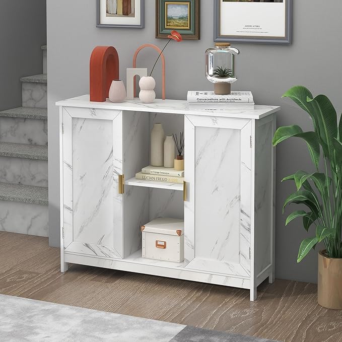 TaoHFE Marble Top Narrow Sideboard Cabinet, Modern White Marble Side Buffet