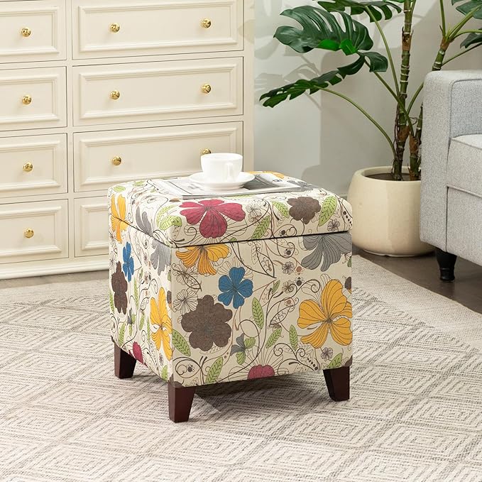 Adeco 18 Inch High Cube Ottoman Storage, Floral Printed Linen Chair Foot Stools