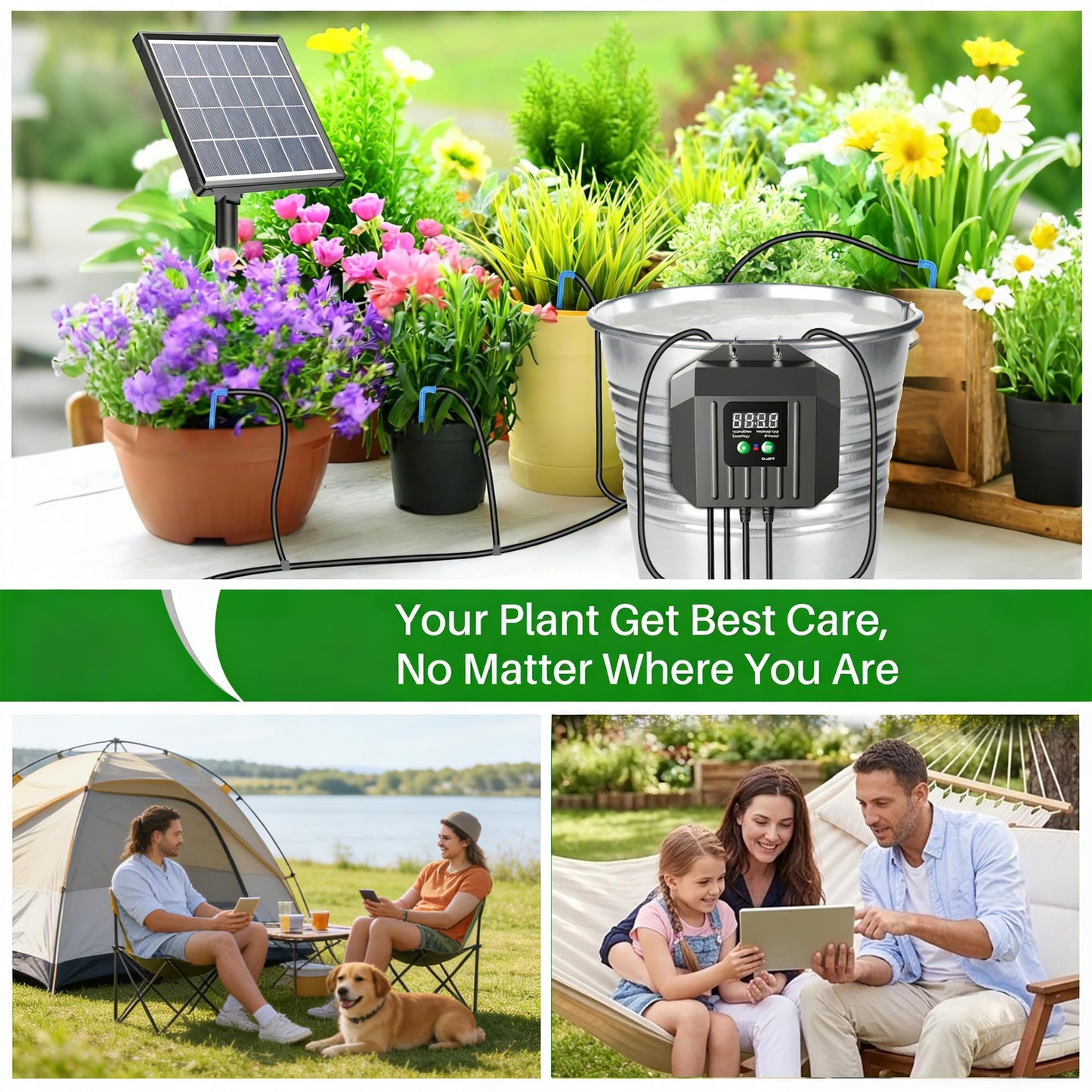 Biling 3W Solar Powered Drip Irrigation System, Digital Programmable Automatic Watering Kit with 2200mAh Battery for 15 Potted Plants, Indoor/Outdoor Use for Garden, Patio, Greenhouse