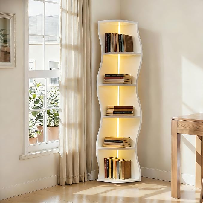 VECELO 6-Tier Compact Wave Corner Bookcase