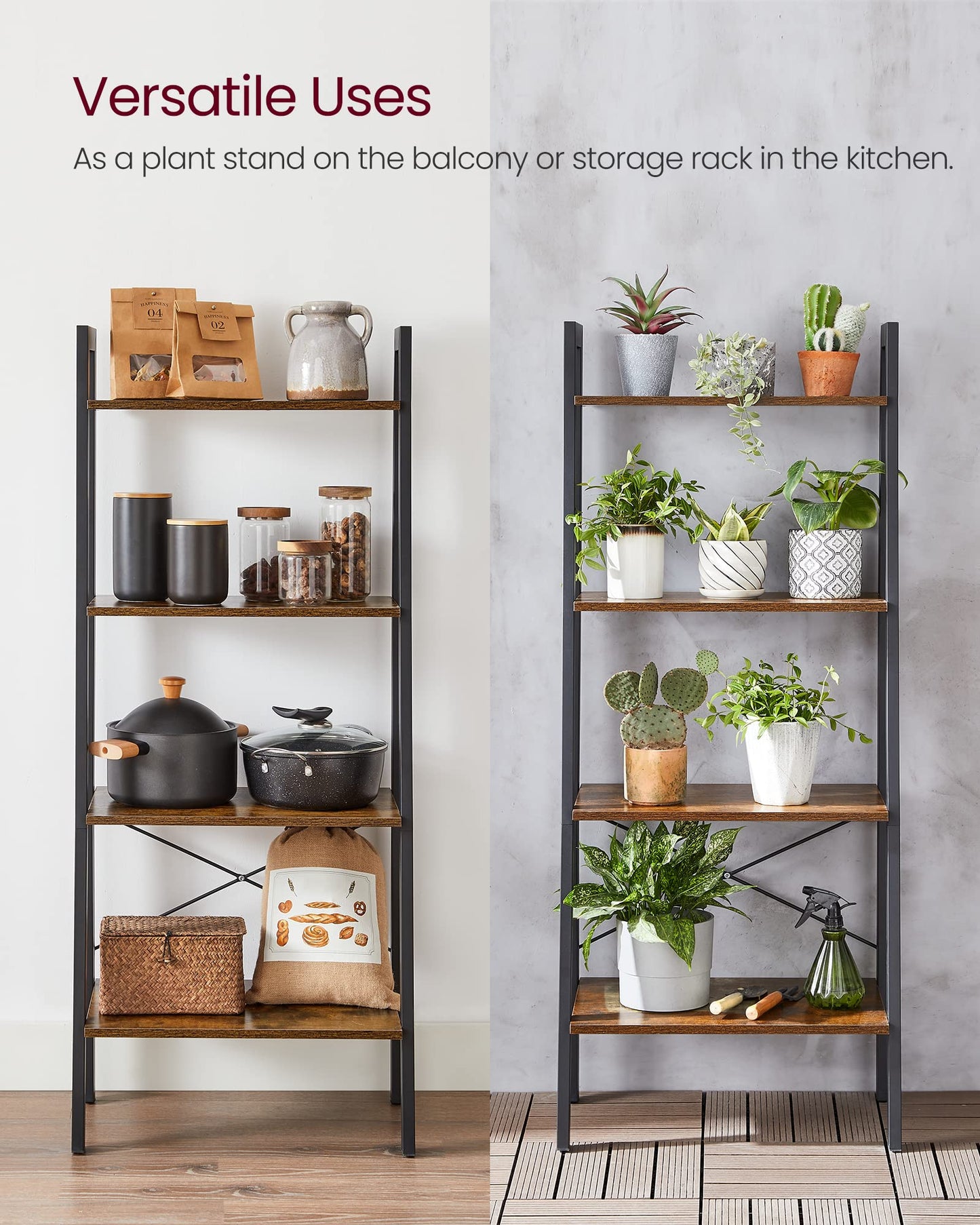 VASAGLE BARNET Collection - Ladder Shelf, Bookshelf, Storage Rack, Modern Bookcase for Living Room Home Office Kitchen, Steel Frame, 4-Tier, 22-Inch Wide, Rustic Brown and Ink Black ULLS44X