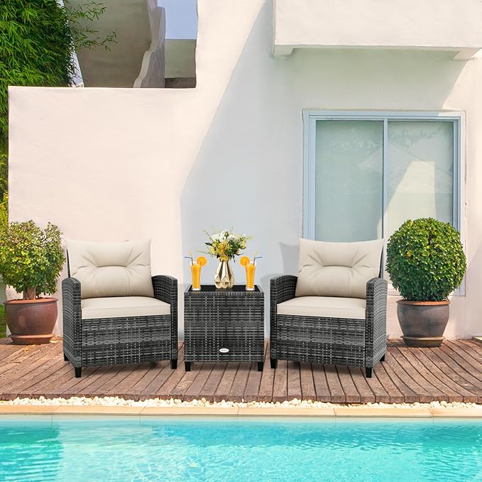 HAPPYGRILL 3 Pieces Patio Conversation Set PE Rattan Outdoor Furniture Sofa Set