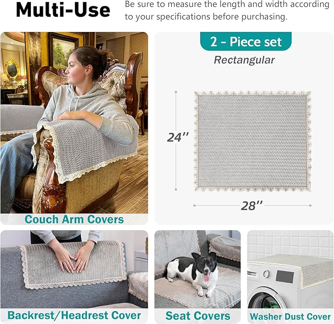 Couch Arm Covers, Couch Cover, Non-Slip Lace Armrest Covers, Headrest/Backrest
