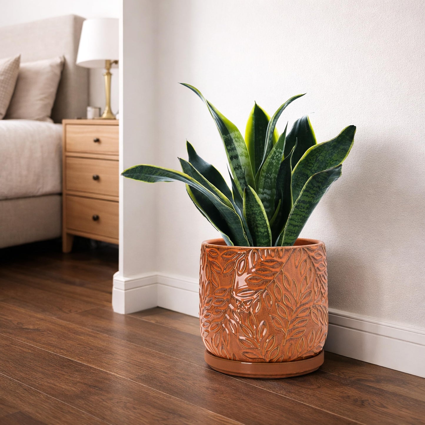 D'vine Dev 8 Inch Embossed Leaves Stoneware Planter Pot with Drainage Hole and Saucer, Pumpkin, 27-A-Q-J