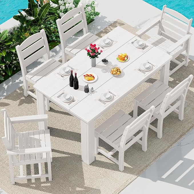 SERWALL HDPE Dining Set for 6: 1 Umbrella Hole Table, 4 Armless + 2 Armchairs.
