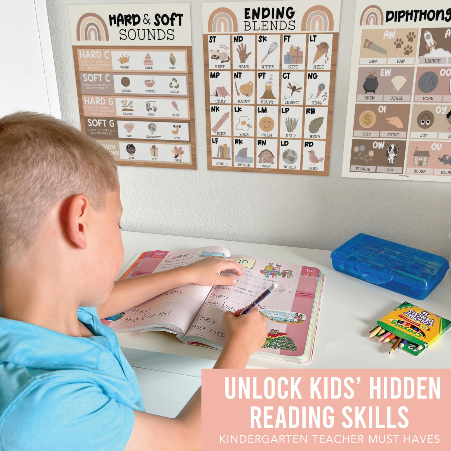 Hadley Designs Phonics Posters for Classroom Must Haves - 9 Sound Wall for Kindergarten & Elementary Teacher Supplies, Syllable, Vowels, Digraphs & Blends Bulletin Board Set, Boho Classrom Decor