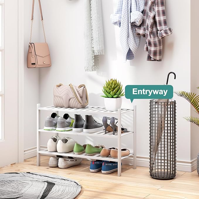 viewcare White Shoe Rack, 3-Tier Bamboo Wood Shoe Rack