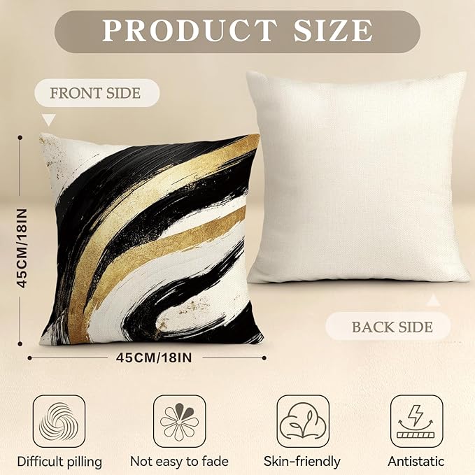 OBSEDE Abstract Black Gold Ink Brush Strokes Throw Pillow Covers 18 × 18 in