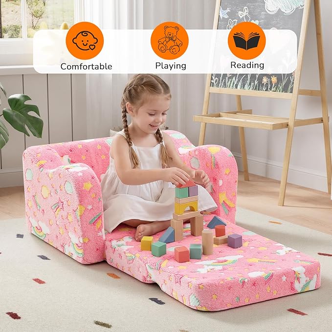 MeMoreCool Glowing Pink Rainbow Kids Chair, 2-in-1 Glow-in-the-Dark Kids Couch
