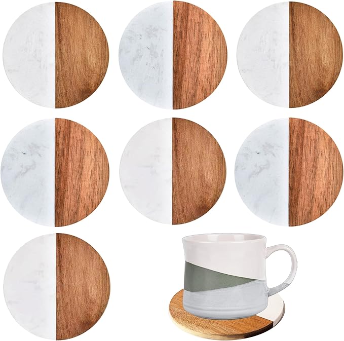 I-LAN 8-Pack Marble and Acacia Wood Coasters, 4-Inch Round Modern Drink Coaster