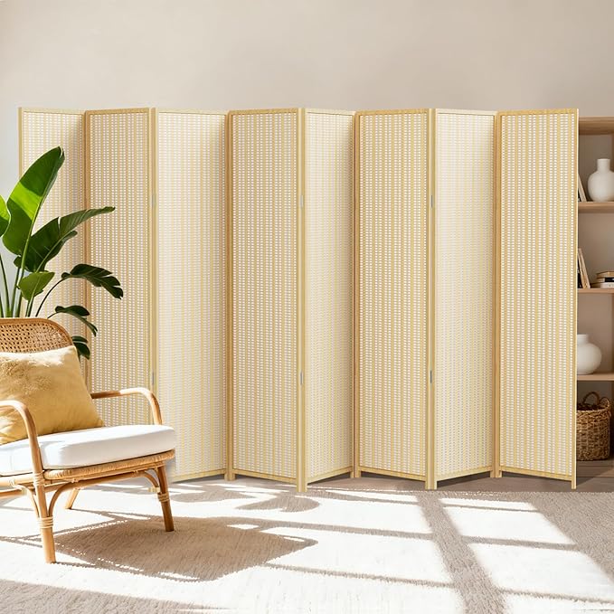 8 Panel Room Divider and Extra Wide Folding Privacy Screen, Bamboo Room Divider