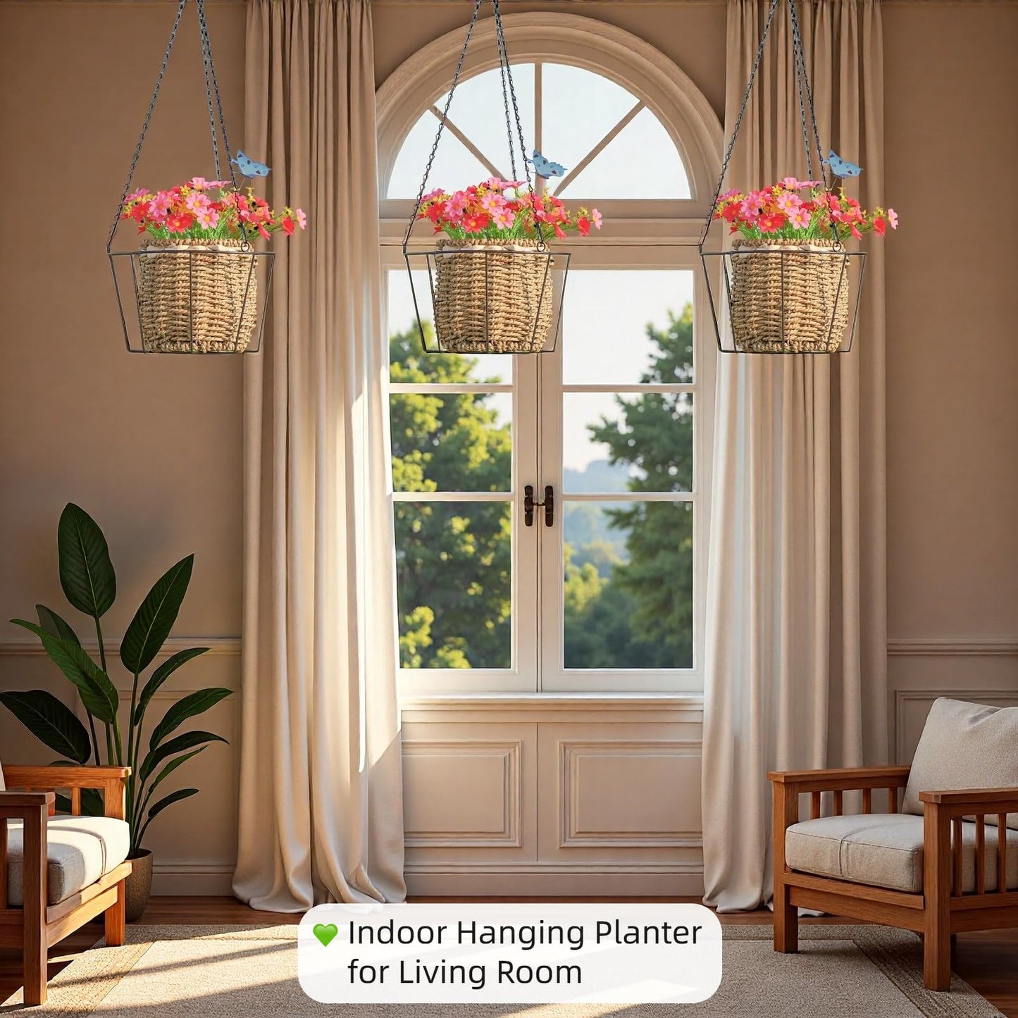 ZYUXUAN Metal & Macrame Plant Hanger Indoor/Outdoor Use – Heavy Duty Hanging Planter Holder with Basket for Ceiling, Window, Patio – Decorative Hanging Pot Tray for Plants(12 Inch, 2-Pack)
