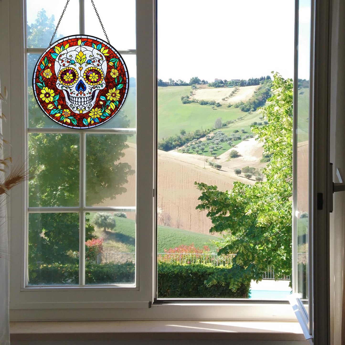 Dia De Los Muertos Sugar Skull Stained Glass Window Hanging Skull Sun Catcher Halloween Decor Halloween Home Decoration Suncatchers for Garden Home Windows Hanging, 7.87inch