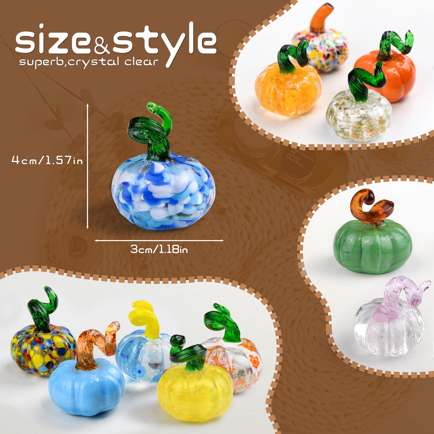 QIANCHANG 12pcs Mini Blown Glass Pumpkin Figurines Collectibles Thanksgiving Halloween Crystal Pumpkin Paperweight Fall Decorations for Home