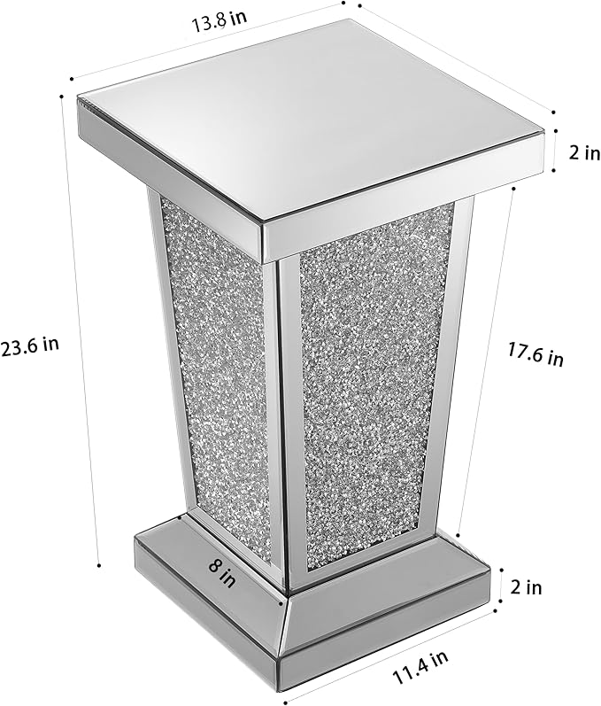 Silver Mirrored End Table with Crystal, Modern Side Accent Table, Square Small
