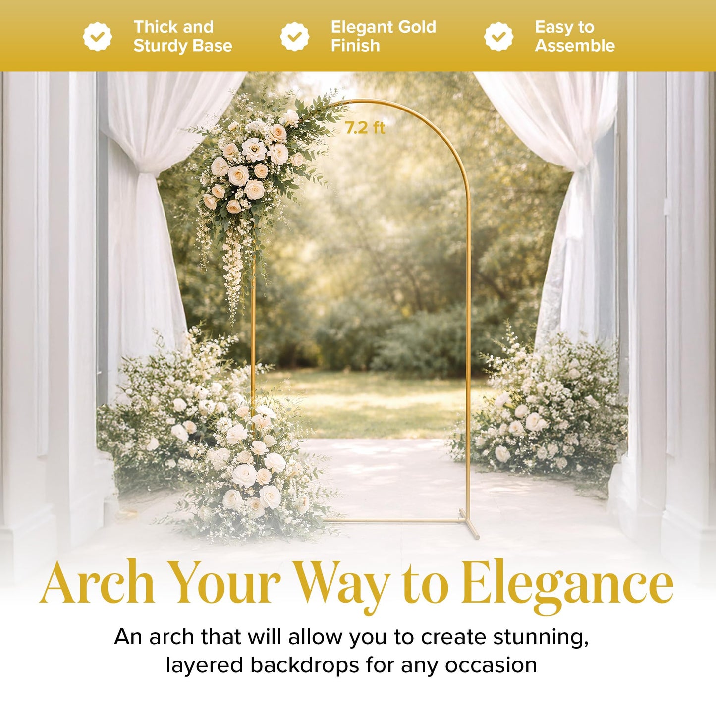 7.2FT Gold Wedding Backdrop Arch Stand with White Spandex Cover – Metal Frame, Water Weights & Storage Bag – Party, Birthday, Baby Shower, Bridal Shower, Wedding Ceremony, Photo Booth Decor