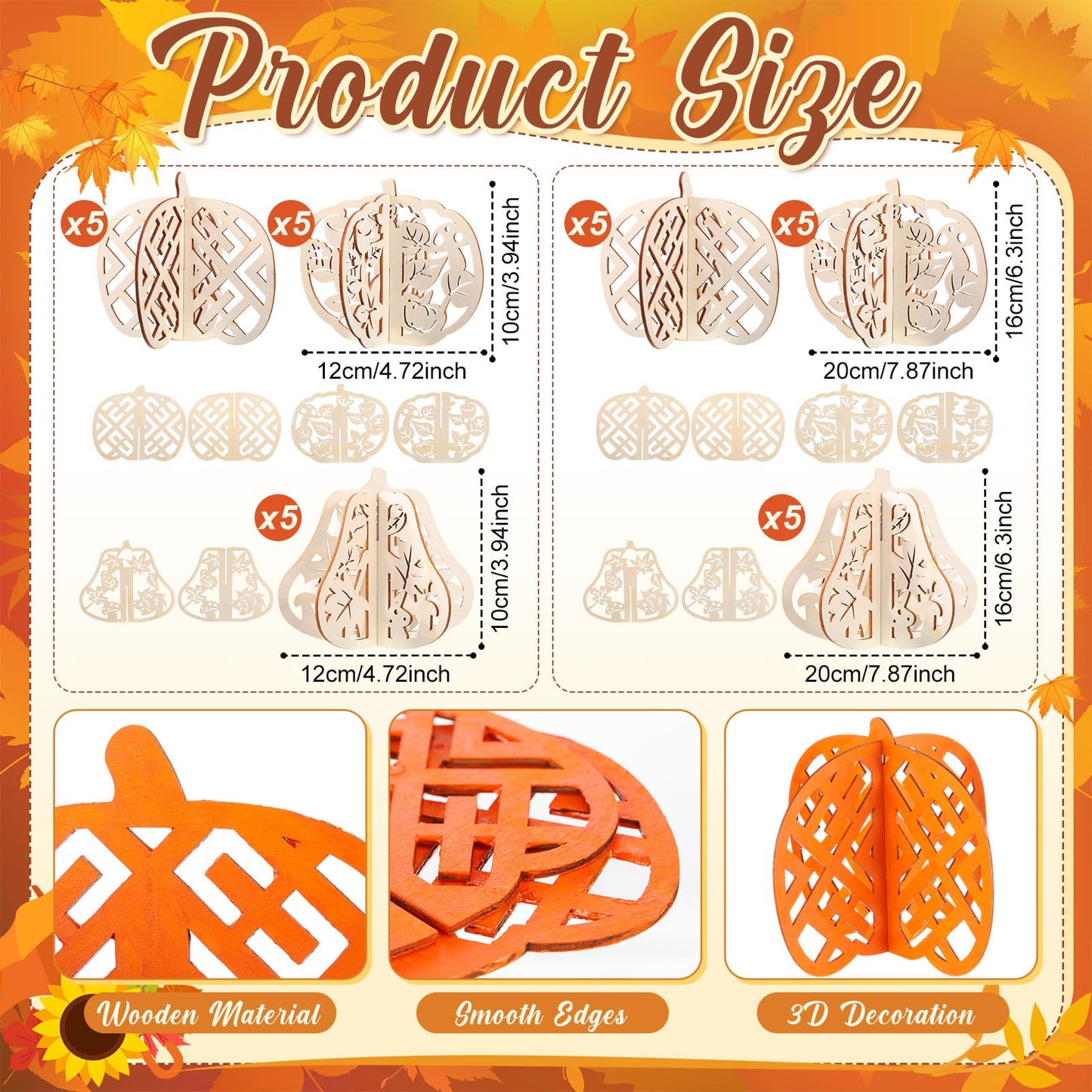 Geelin 60 Pcs Thanksgiving Fall Crafts Wooden Pumpkins 7.9 Inch Large 3D Wood Pumpkins Cutouts Unfinished Wood Slices to Paint Table Centerpieces Decorations for Harvest Craft DIY Tiered Tray Decor