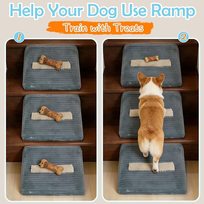 Foam Dog Ramp for Stairs, Low-Impact Climbing Dog Stairs for Senior Dogs | 5.1"H, 3 Pack, 40D High-Density Foam Won't Collapse, Protects Joints, Anti-Slip & Self-Sticky Pads, Washable Cover, Grey